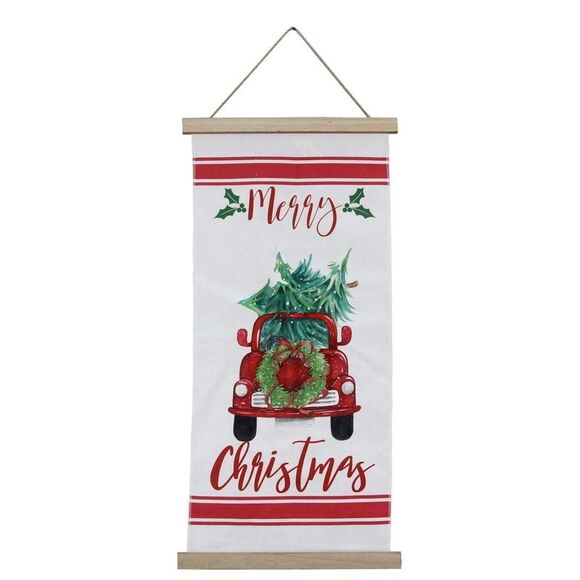 Merry Christmas Red Pickup Truck Wall or Door Sign Canvas and Wood - Picture 1 of 4